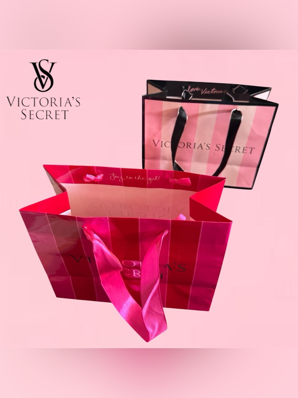 Victoria's Secret Pink Striped Tote Gift Bags - Hot Pink & Light Pink (SET of 2) - Picture 3 of 4